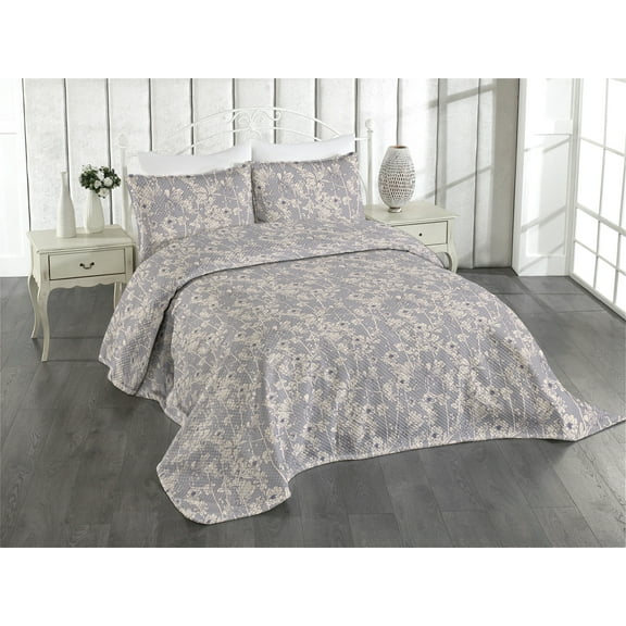 Ambesonne Floral Quilted Coverlet 3 Pcs, Retro Style Flowers Motif, Queen Size, Purple Grey and Eggshell