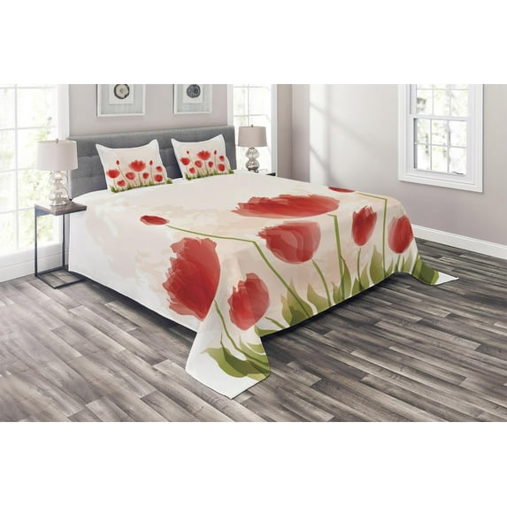 Ambesonne Floral Quilted Coverlet 3 Pcs, Romantic Tulip Blossoms, King Size, Vermilion Green Peach