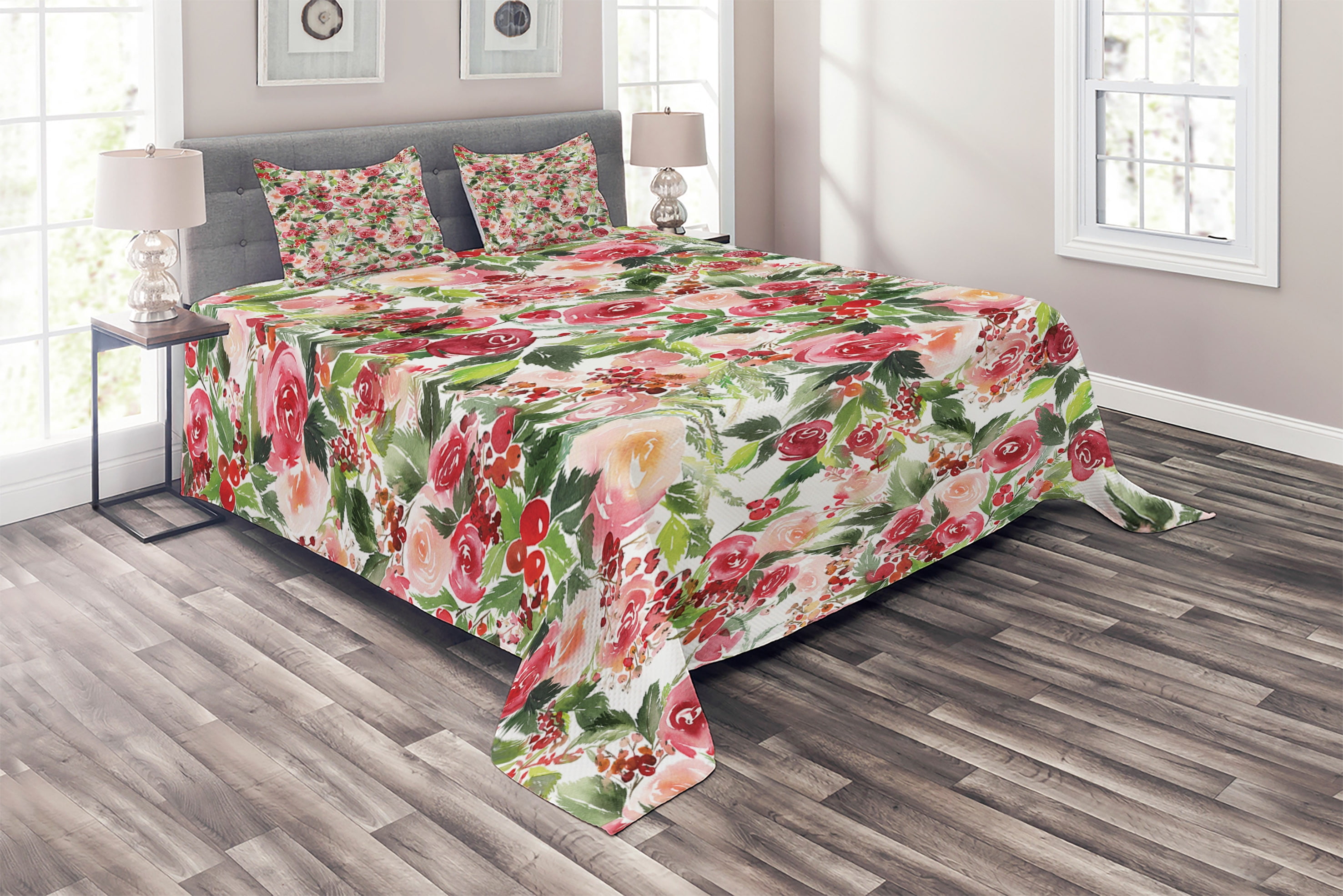 Queen Pink Floral Microfiber Bedspread Set