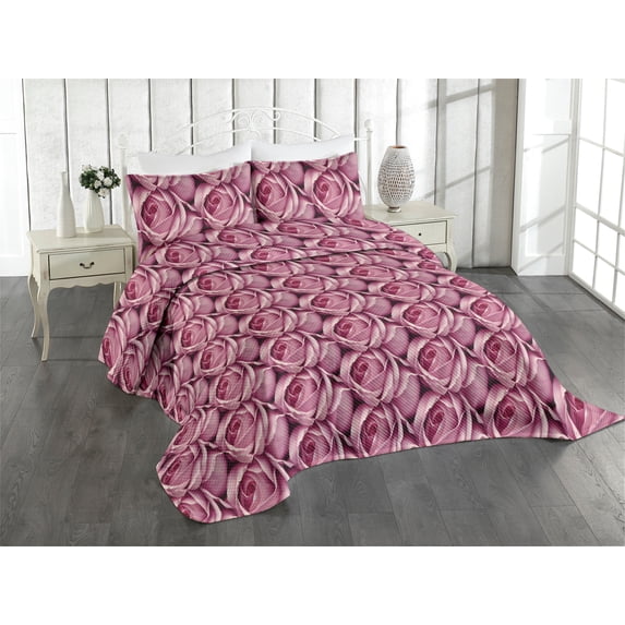 Ambesonne Floral Quilted Coverlet 3 Pcs, Roses Petals Spring Romance, King Size, Pink and Plum
