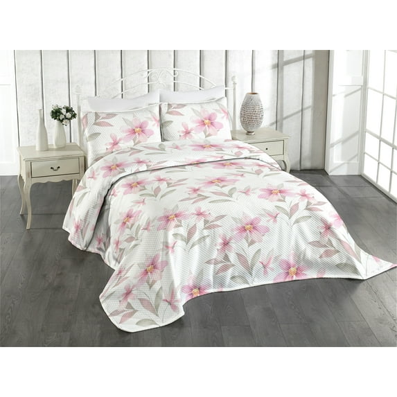 Ambesonne Floral Quilted Coverlet 3 Pcs, Soft Floral Art Garden Print, King Size, Pastel Pink and Sage Green