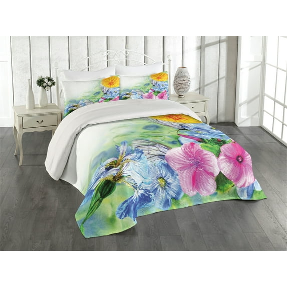 Ambesonne Floral Quilted Coverlet 3 Pcs, Spring Blossom, King Size, Multicolor