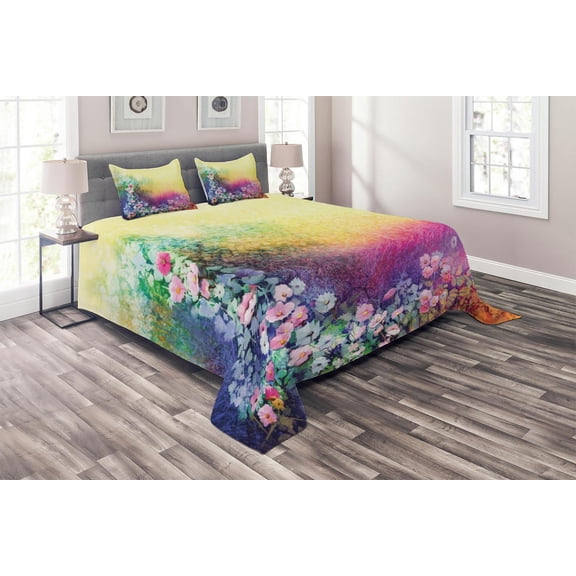 Ambesonne Floral Quilted Coverlet 3 Pcs, Spring Flowers Ivy Art, Queen Size, Purple Yellow Multicolor