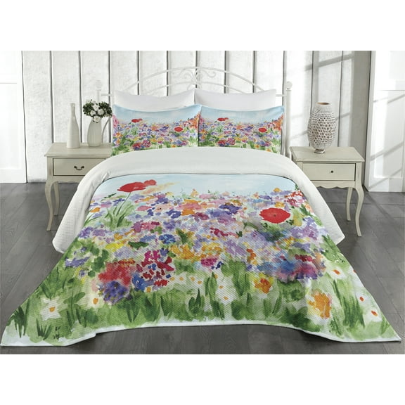 Ambesonne Floral Quilted Coverlet 3 Pcs, Summer Blooms, Queen Size, Red Green Purple