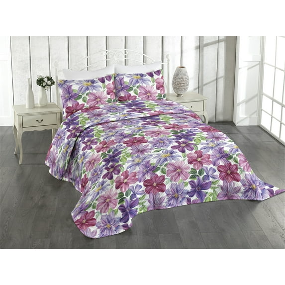 Ambesonne Floral Quilted Coverlet 3 Pcs, Vintage Atmosphere Flowers, Queen Size, Lilac Indigo and Magenta