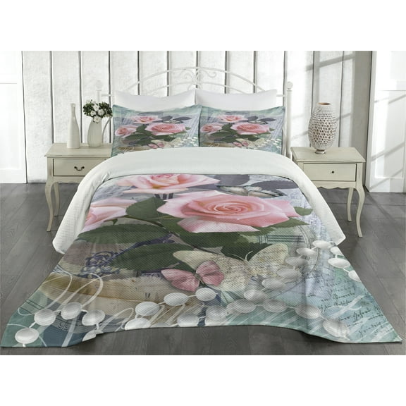 Ambesonne Floral Quilted Coverlet 3 Pcs, Vintage Rose Romance, Queen Size, Pink Grey