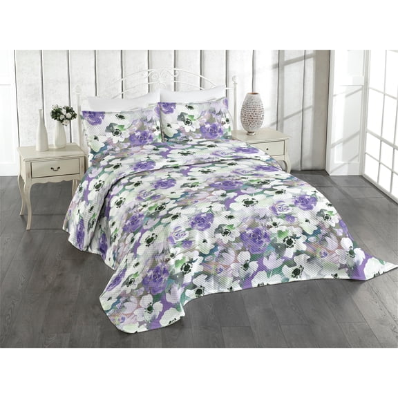 Ambesonne Floral Quilted Coverlet 3 Pcs, Watercolor Blooming Petals, Queen Size, Blue Violet and Laurel Green