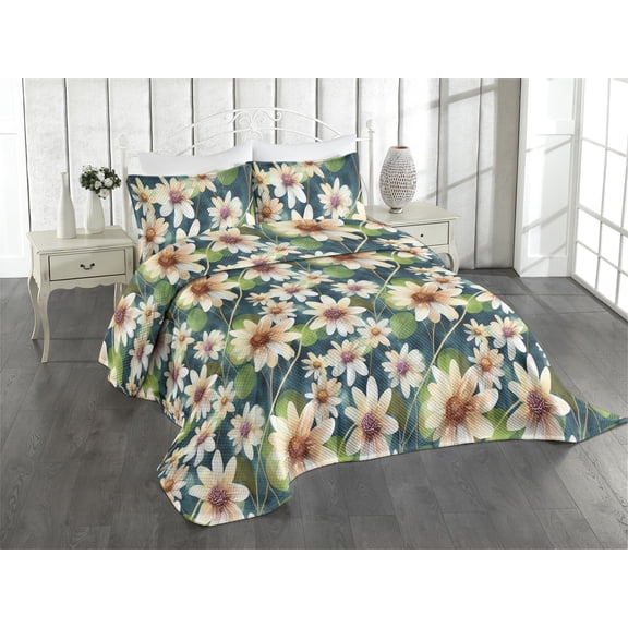Ambesonne Floral Quilted Coverlet 3 Pcs, Waterlily Leaves Art Summer, Queen Size, Fern Green Peach Teal