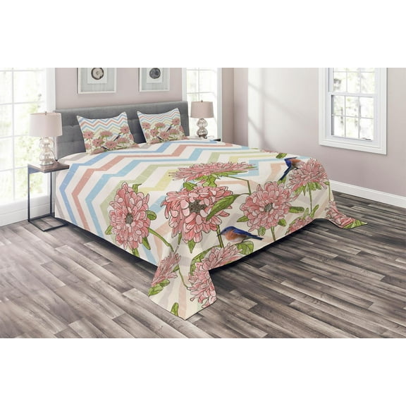 Ambesonne Floral Quilted Coverlet 3 Pcs, Zigzags Flowers and Birds, Queen Size, Multicolor