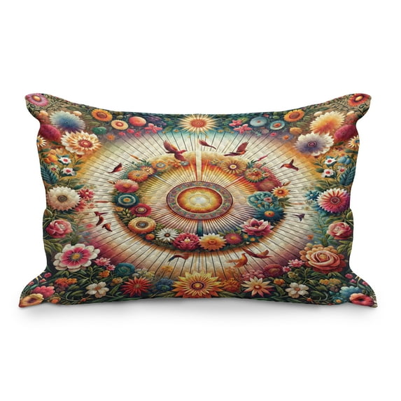 Ambesonne Floral Quilted Pillowcover, Botanical Colorful Circle, 30" x 20", Orange Evergreen Pink