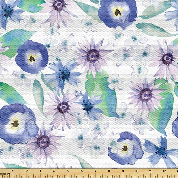 Ambesonne Floral Retro Fabric by the Yard Upholstery, Spring Flowers Garden, 2 Yards, Dark Violet Lilac Green