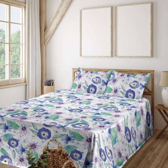 Ambesonne Floral Retro Fitted & Flat Sheet with Shams 4 Pcs Set, Spring Flowers Garden, Queen, Dark Violet Lilac Green