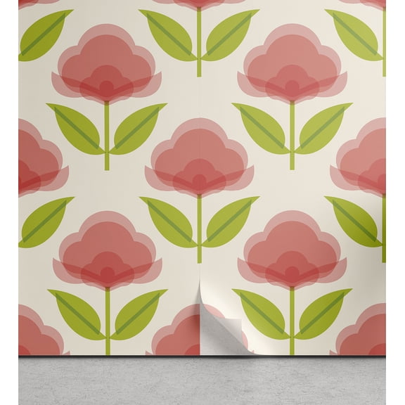 Ambesonne Floral Retro Peel & Stick Wallpaper for Home, Flowers Fashion Plot, 13"x36", Coral Salmon and Yellow Green