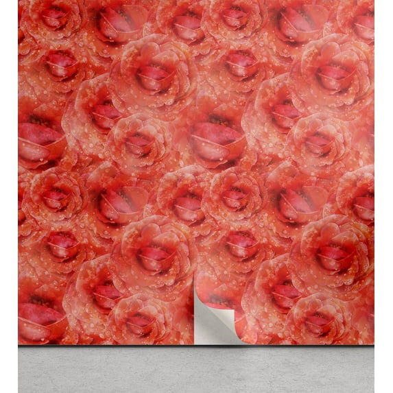 Ambesonne Floral Romance Peel & Stick Wallpaper for Home, Romantic Roses Bloom, 13"x100", Dark Coral Salmon and Scarlet