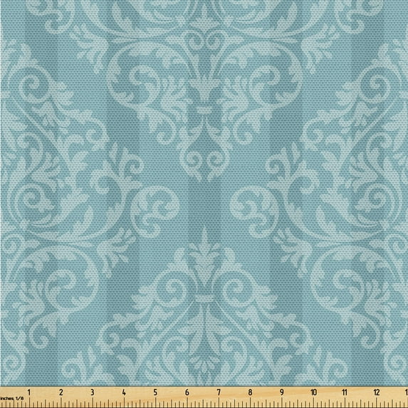Ambesonne Floral Royal Fabric by the Yard Upholstery, Vintage Damask Boho, 10 Yards, Cadet Blue and Pale Grey
