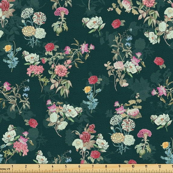 Ambesonne Floral Scene Fabric by the Yard Upholstery, Jungle Dreamy Flower, 2 Yards, Hunter Green Pale Pink