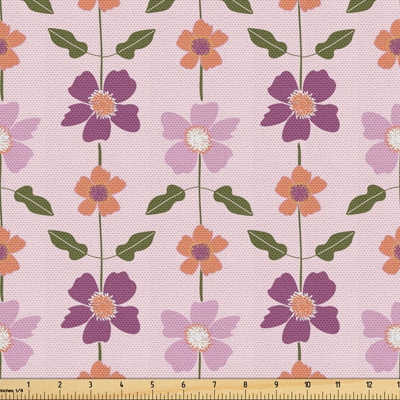 Ambesonne Floral Scene Fabric by the Yard Upholstery, Flower Retro Colorful, 5 Yards, Dried Rose Army Green
