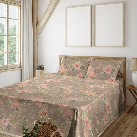 Ambesonne Floral Scene Fitted & Flat Sheet with Sham 3 Pcs Set, Colorful Blooms Garden, Twin XL, Pale Yellow Green Coral