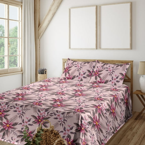 Ambesonne Floral Scene Fitted & Flat Sheet with Shams 4 Pcs Set, Spring Romantic Flower, Full, Pale Pink Magenta
