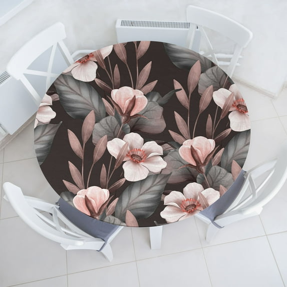 Ambesonne Floral Scene Fitted Round Tablecloth, Leaves Vintage Botany, 56"- 60" Diameter, Pale Mauve Taupe Eggshell