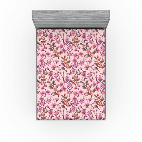 Ambesonne Floral Scene Fitted Sheet, Japan Spring Flowers, Full Size, Pale Pink Pale Fuchsia