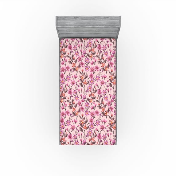 Ambesonne Floral Scene Fitted Sheet, Japan Spring Flowers, Twin Size, Pale Pink Pale Fuchsia