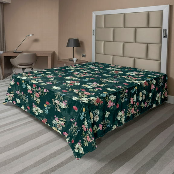 Ambesonne Floral Scene Flat Bedding Sheet Soft Top Sheet, Jungle Dreamy Flower, California King, Hunter Green Pale Pink