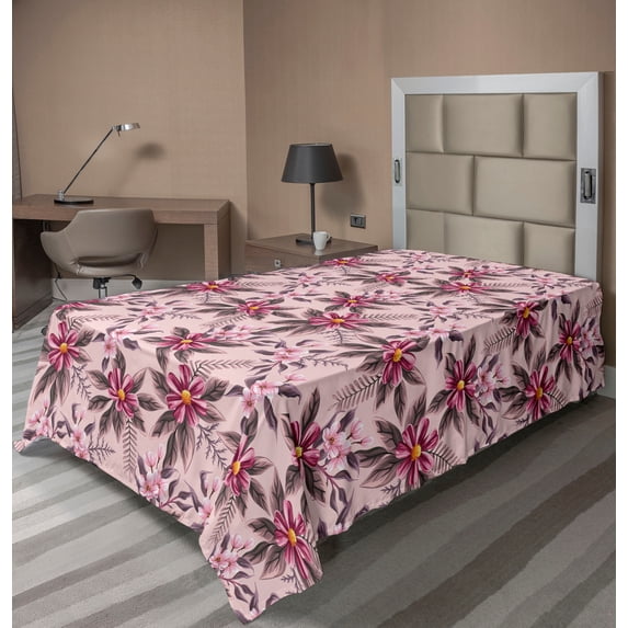 Ambesonne Floral Scene Flat Bedding Sheet Soft Top Sheet, Spring Romantic Flower, Twin, Pale Pink Magenta