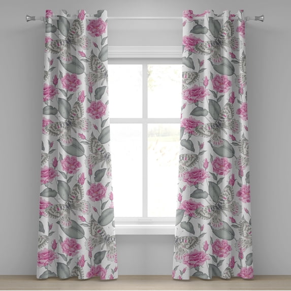 Ambesonne Floral Scene Grommet Curtain, Engraved Look Roses, 50"x108", Pastel Pink Taupe Grey