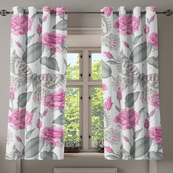 Ambesonne Floral Scene Grommet Curtain, Engraved Look Roses, 50"x60", Pastel Pink Taupe Grey
