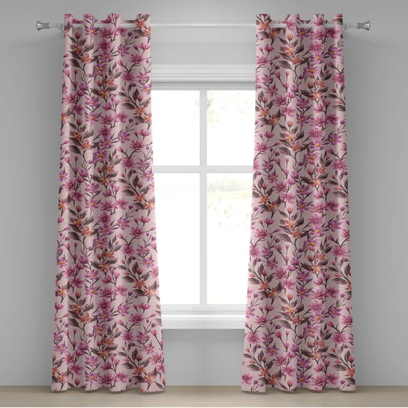 Ambesonne Floral Scene Grommet Curtain, Japan Spring Flowers, 50"x84", Pale Pink Pale Fuchsia
