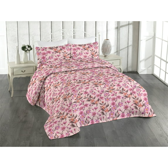 Ambesonne Floral Scene Quilted Bedspread Set 3 Pcs, Japan Spring Flowers, Queen, Pale Pink Pale Fuchsia
