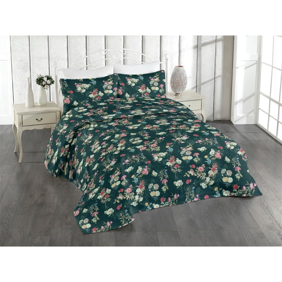 Ambesonne Floral Scene Quilted Bedspread Set 3 Pcs, Jungle Dreamy Flower, Queen, Hunter Green Pale Pink