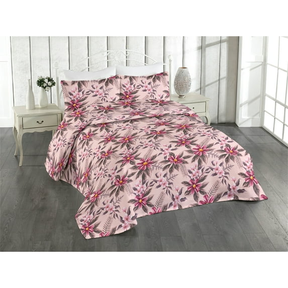 Ambesonne Floral Scene Quilted Bedspread Set 3 Pcs, Spring Romantic Flower, Twin, Pale Pink Magenta