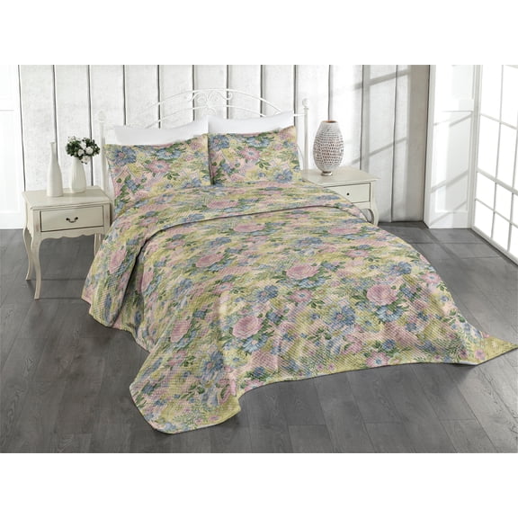 Ambesonne Floral Scene Quilted Coverlet 3 Pcs, Anime Garden Flowers, King Size, Reseda Green Pale Pink