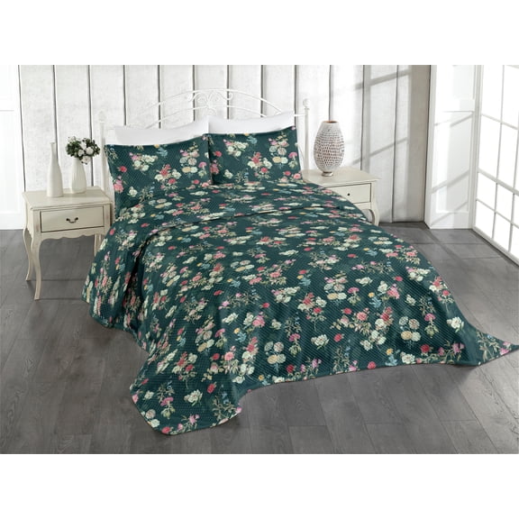 Ambesonne Floral Scene Quilted Coverlet 3 Pcs, Jungle Dreamy Flower, King Size, Hunter Green Pale Pink