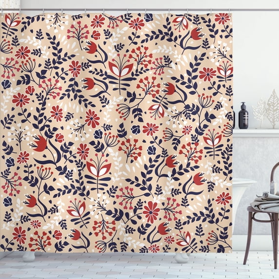 Ambesonne Floral Shower Curtain, Abstract Blossoms Leaves, 69"Wx84"L, Beige Red White