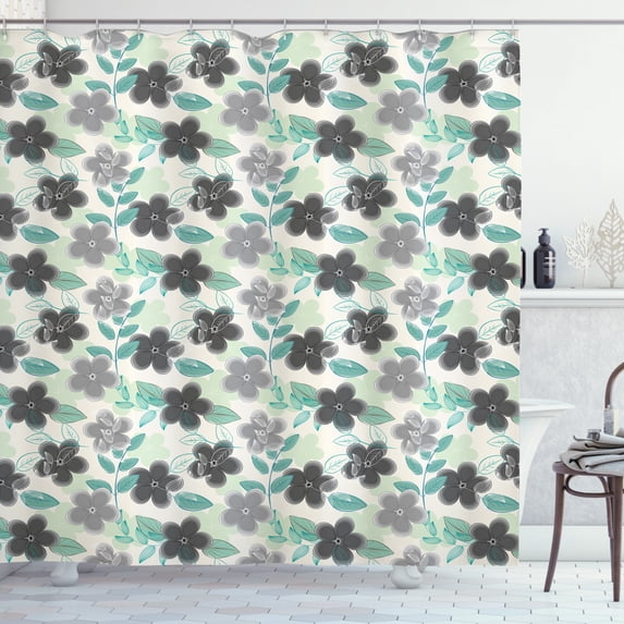 Ambesonne Floral Shower Curtain, Abstract Nostalgic Retro, 69"Wx84"L, Charcoal Grey Mint Green