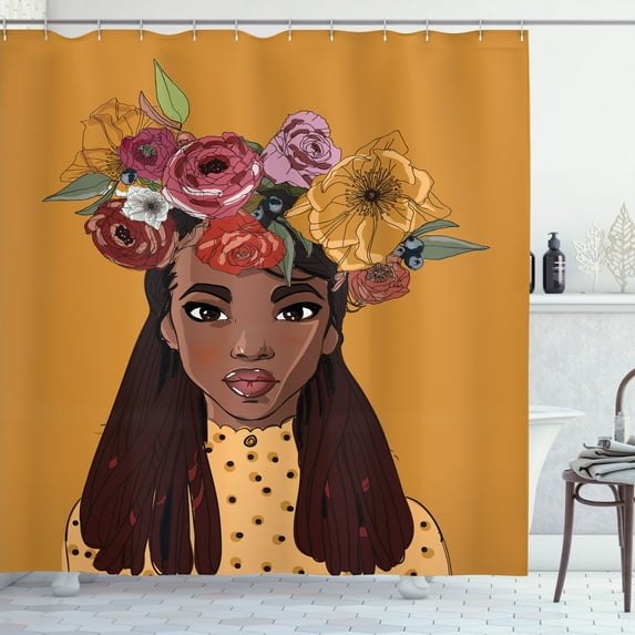 Ambesonne Floral Shower Curtain, American Floral Lady, 69"Wx84"L, Marigold Multicolor