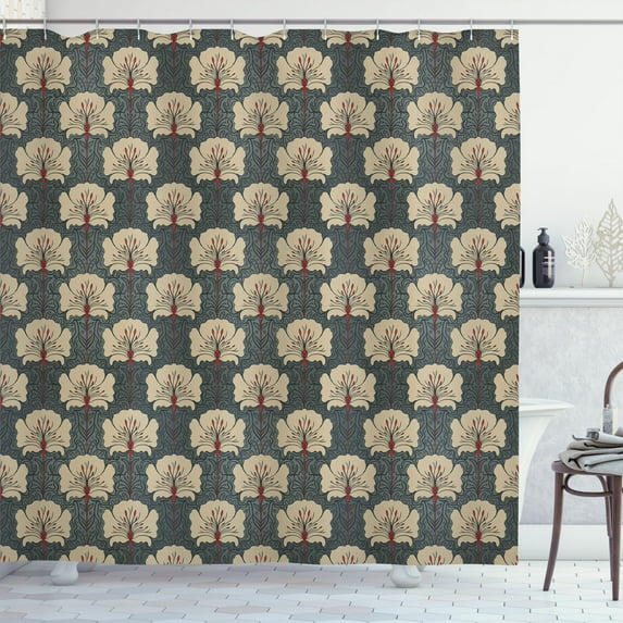 Ambesonne Floral Shower Curtain, Art Nouveau Poppies, 69"Wx70"L, Tan Grey Vermilion