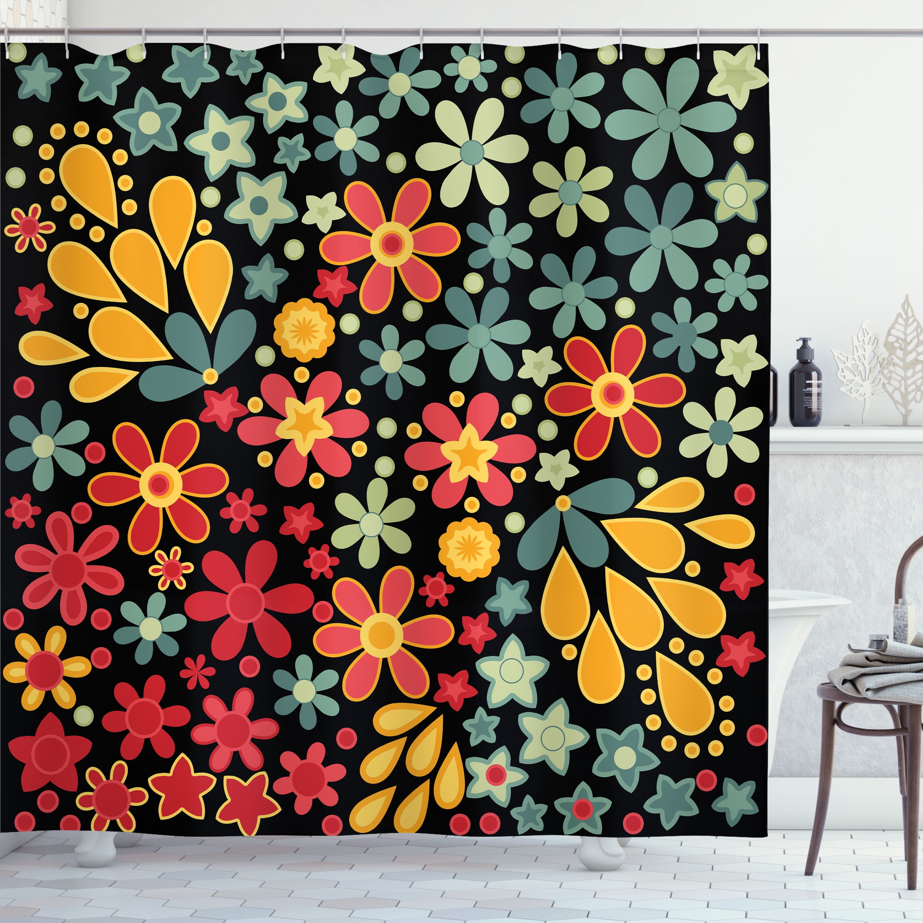 Ambesonne Floral Shower Curtain, Blooming Flowers and Stars, 69"Wx75"L