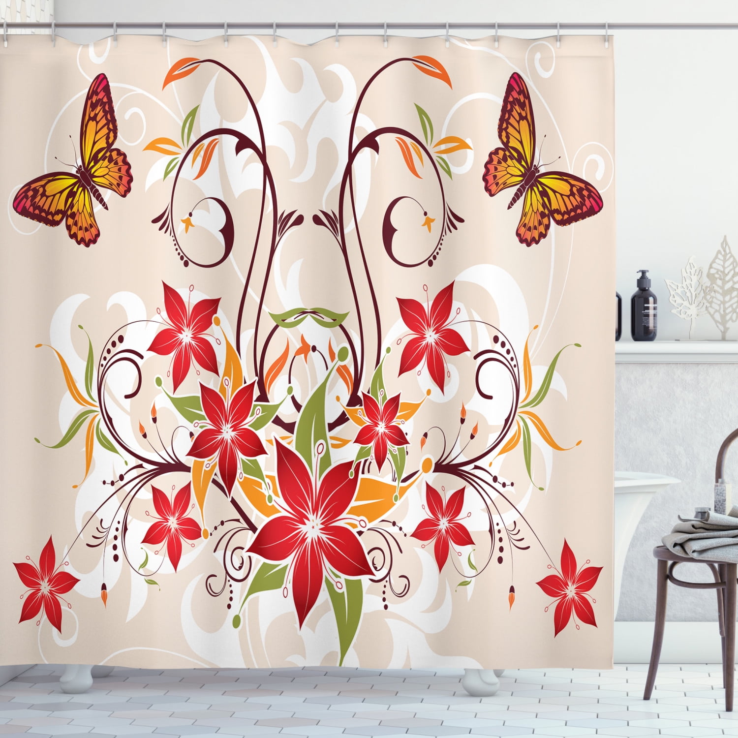 Beige Green Red Floral Fabric Shower Curtain with Hooks