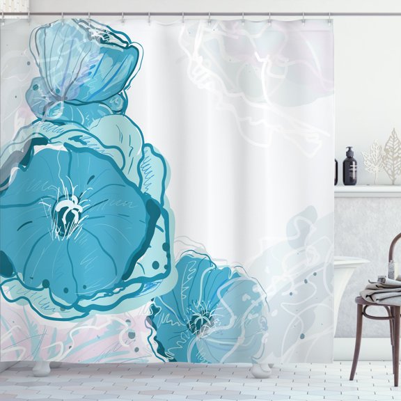 Ambesonne Floral Shower Curtain, Blue Spring Blossoms, 69"Wx70"L, Blue Seafoam and Coconut