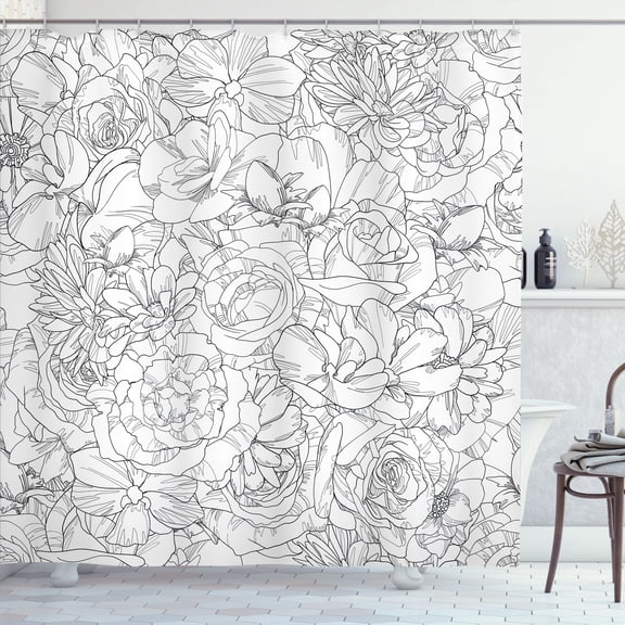 Ambesonne Floral Shower Curtain, Botanical Elements Art, 69"Wx70"L, Dark Grey and White