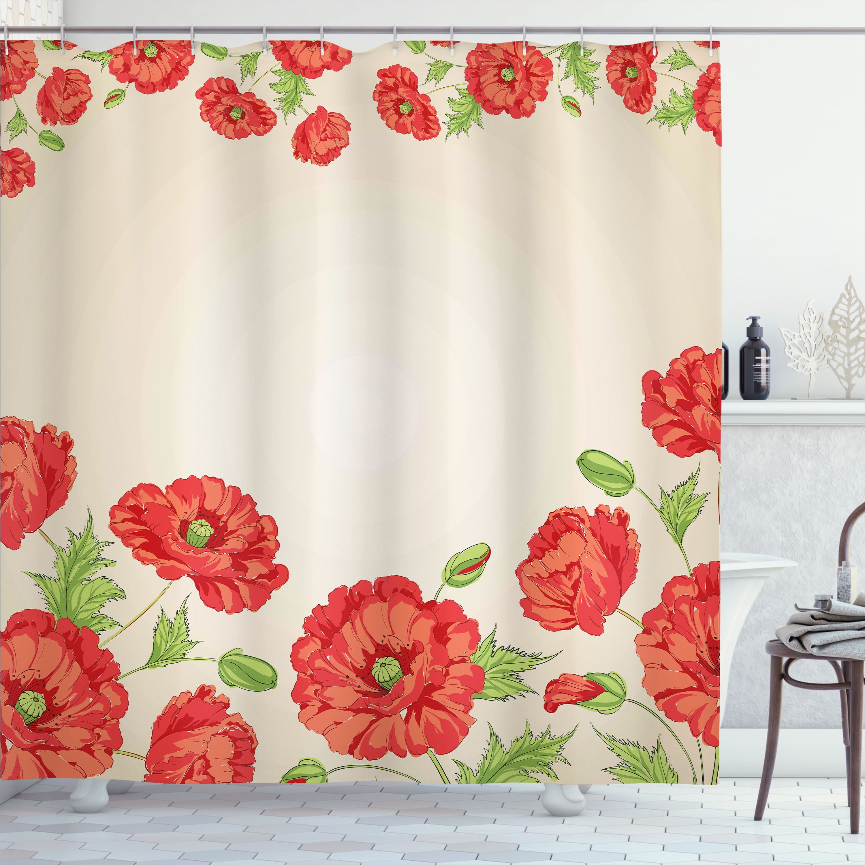 Ambesonne Floral Shower Curtain, Card with Poppy Flowers, 69"Wx75"L, Red and Beige - Walmart.com