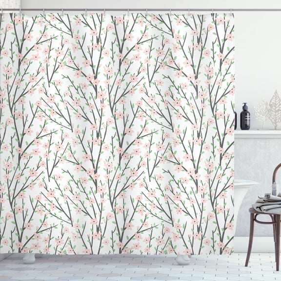 Ambesonne Floral Shower Curtain, Cartoon Spring Foliage Motif, 69"Wx70"L, White Rose and Grey