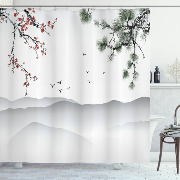 Ambesonne Floral Shower Curtain, Chinese Style Art, 69"Wx70"L, Red Green Black