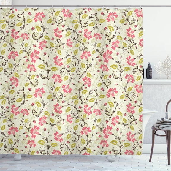 Ambesonne Floral Shower Curtain, Curving Flower Pattern Art, 69"Wx70"L, Pale Green and Pink
