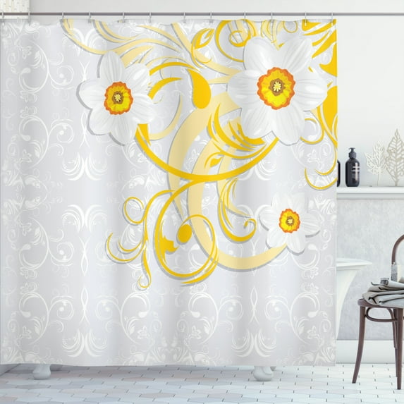 Ambesonne Floral Shower Curtain, Daffodils Ornaments Art, 69"Wx75"L, Grey Yellow
