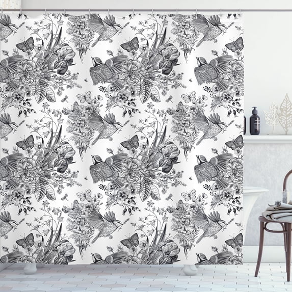 Ambesonne Floral Shower Curtain, Detailed Engraving Spring, 69"Wx84"L, Charcoal Grey and White